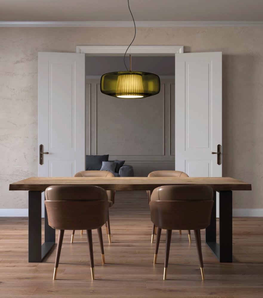 Vistosi Plisse Pendant Lamp Murano Glass over a dining table in green