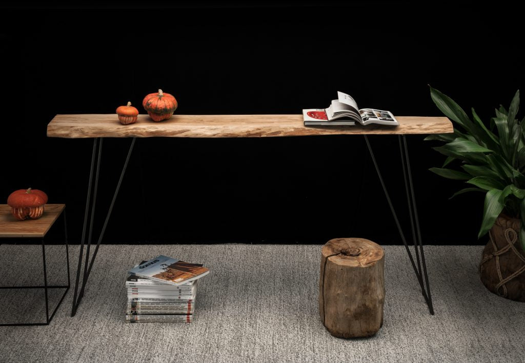 Entrance Foyer console or bar counter from Zeus made in Italy of olive tree solid top with live edge