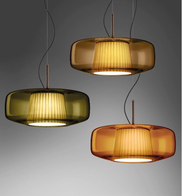 Vistosi Plisse Pendant Lamp Murano Glass green amber terracotta