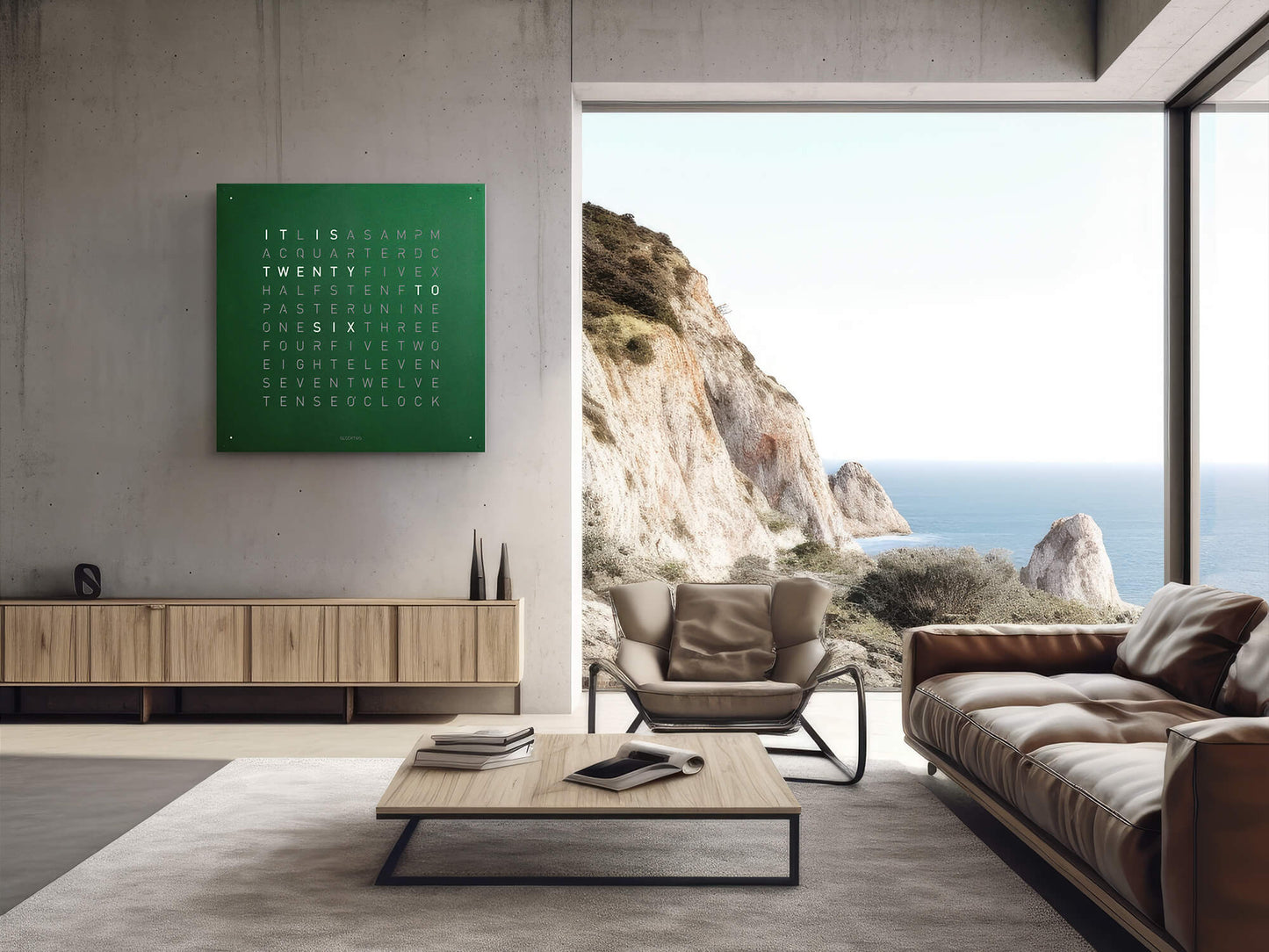 Qlocktwo large wall-mounted clock green velvet finish white body