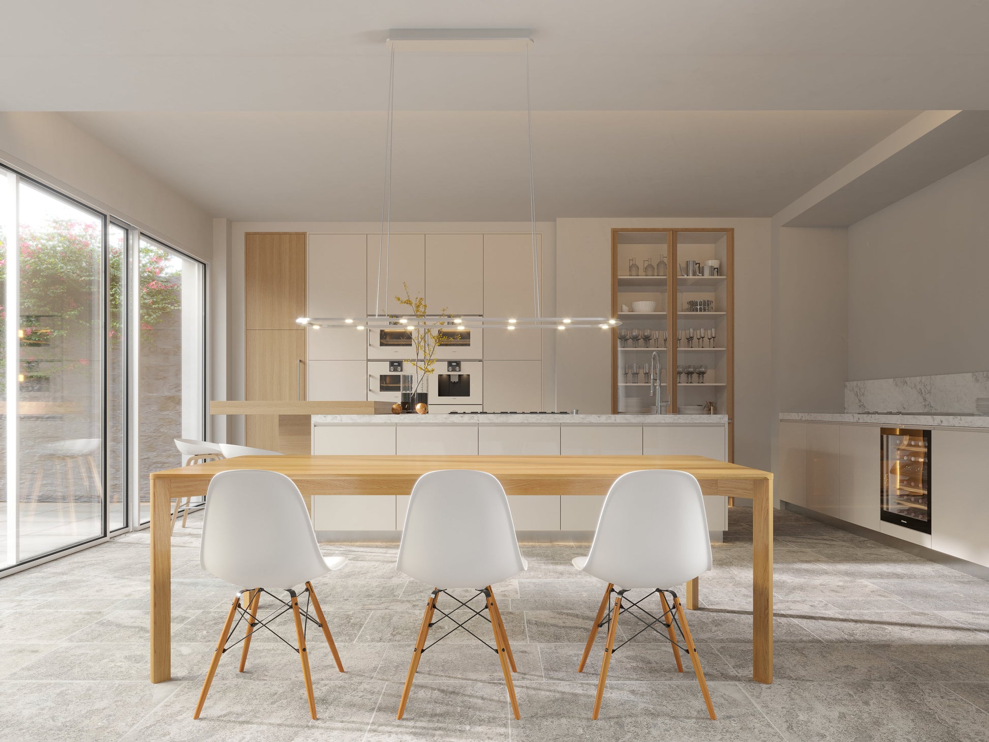 Byok Piani Lungo LED Ceiling Pendent light fixture over kitchen island in Matt brushed Finish  Made in Germany