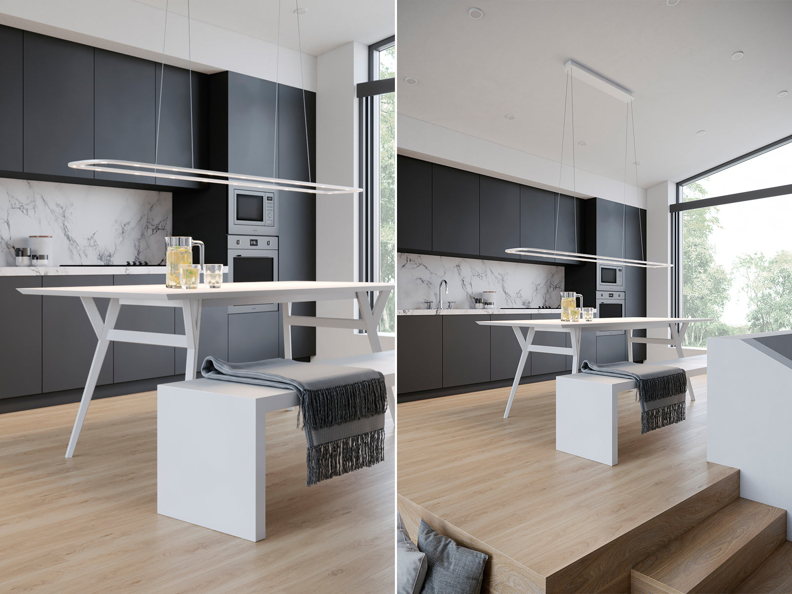 Byok Piani Lungo LED Ceiling Pendent fixture over kitchen island in Matt brushed Finish  Made in Germany