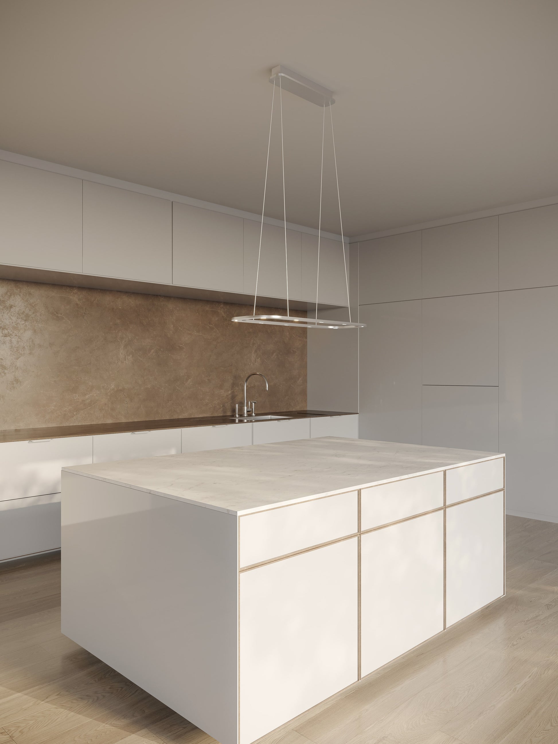 Byok Piani Lungo LED Ceiling Pendent fixture over kitchen island in Matt brushed Finish  Made in Germany