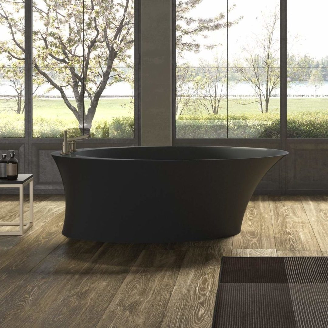 Mastella Helen Freestanding Bathtub in black deimos in a contemporary designer bathroom