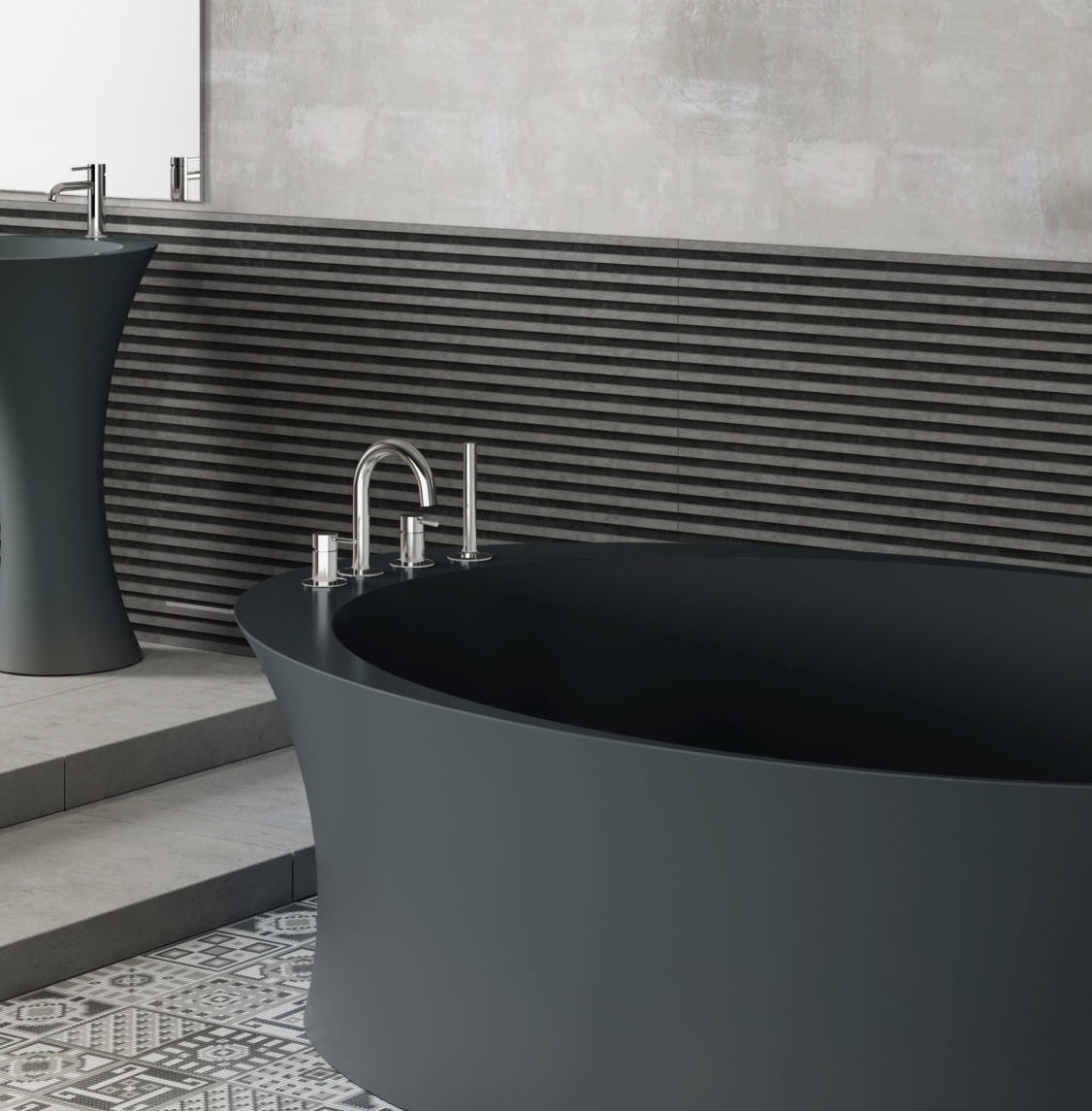 Mastella Helen Freestanding Bathtub in black deimos in a contemporary designer bathroom