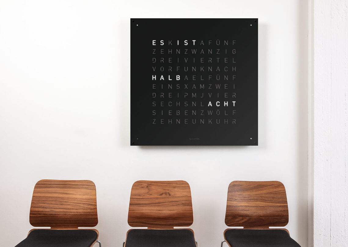 Qlocktwo large in black stainless steel matt powder coated wall clock in setting