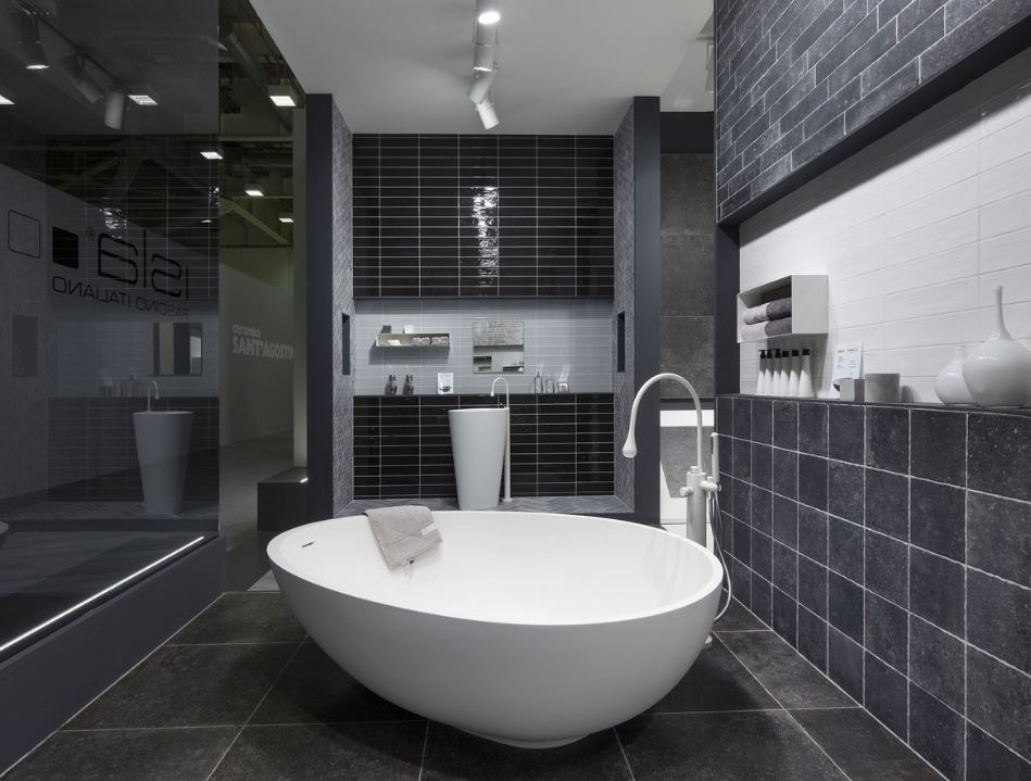 Mastella Body Floor Standing Basin and Vov Bathtub in white cristalplant in a contemporary Italian designer bathroom