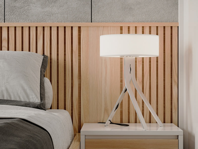 Fino Table Lamp with Ecru shade in a bedroom setting