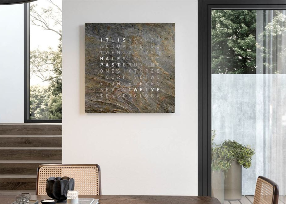 Qlocktwo creator's edition Wall Clock large in glintscape face in living room setting