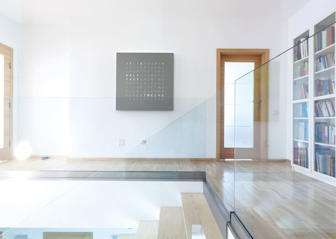 Qlocktwo large in grey stainless steel matt powder coated wall clock in setting