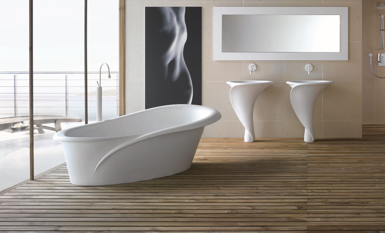 Mastella Kalla Floor Standing Basin in white cristalplant in a contemporary Italian designer bathroom