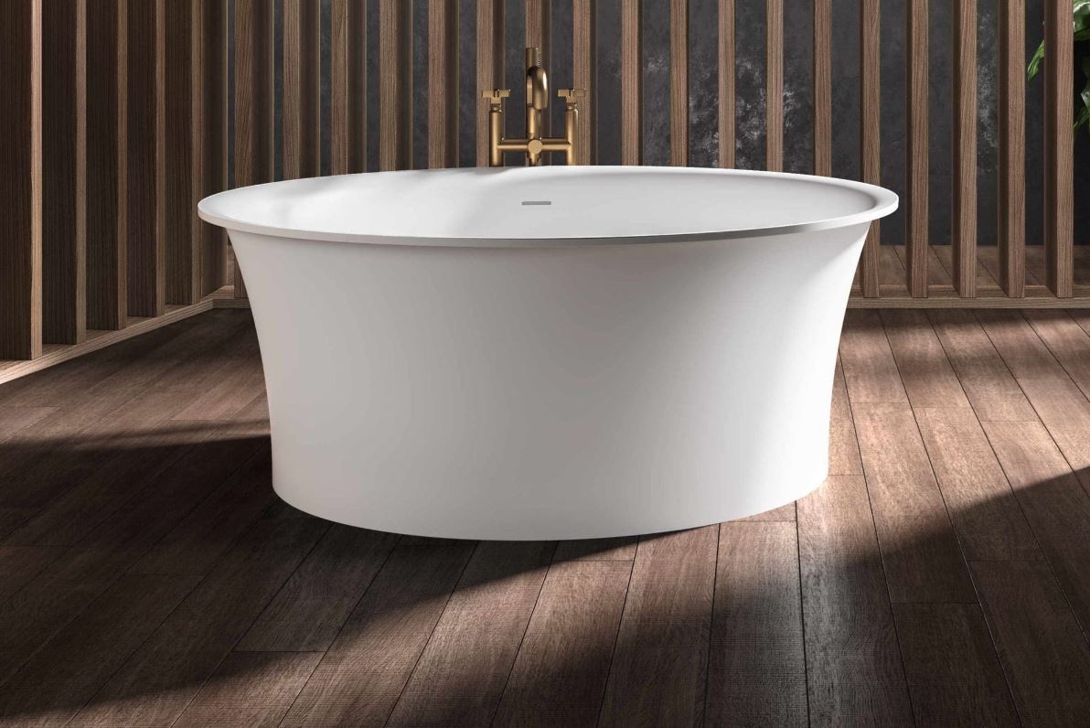 Mastella Oliver Freestanding Bathtub round shaped bathtub, circular bathtub, round bathtub in white Deimos in a contemporary designer bathroom