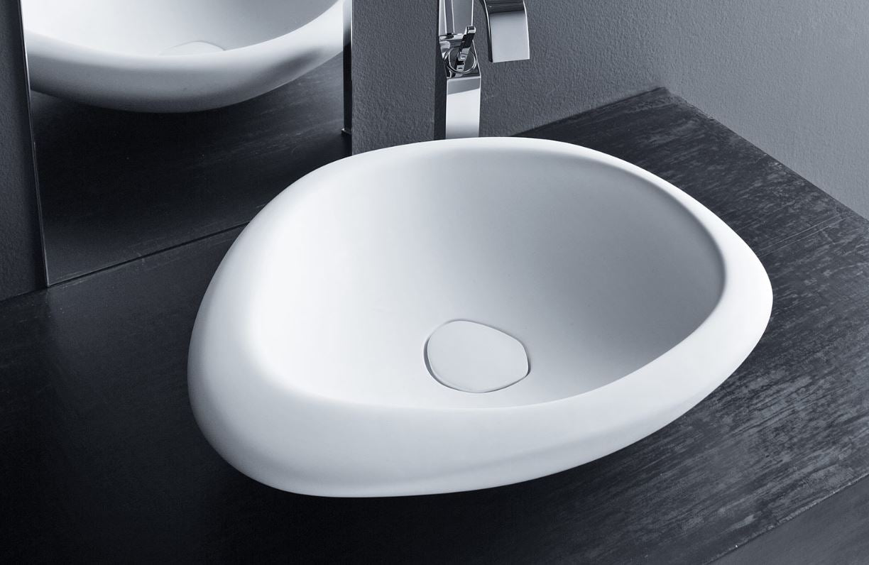 Mastella Sasso Countertop Basin in white cristalplant in a contemporary Italian designer bathroom