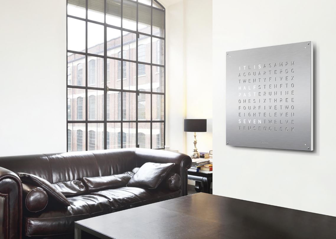 Qlocktwo large stainless steel surface metal brushed wall clock in setting
