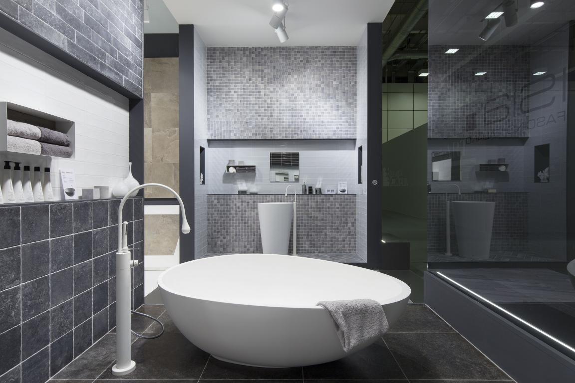 Mastella Vov Freestanding Bathtub in white cristalplant in  a contemporary designer bathroom