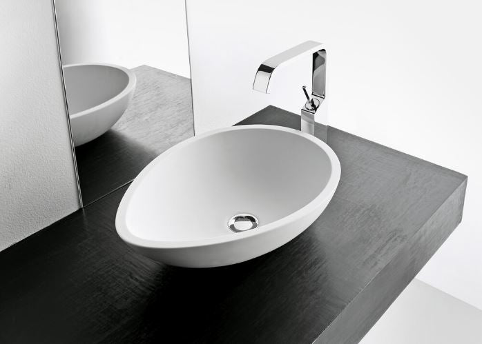 Mastella Vov Due Countertop Basin in white cristalplant in a contemporary Italian designer bathroom