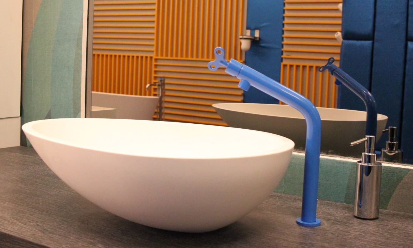 Mastella Vov Due Countertop Basin in white cristalplant in a contemporary Italian designer bathroom