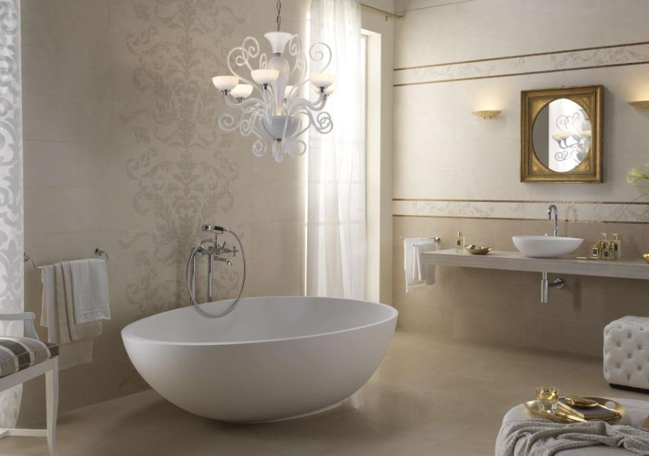 Mastella Vov Due Countertop Basin and Vov Bathtub in white cristalplant in a contemporary Italian designer bathroom