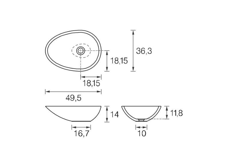 Mastella Vov Due Countertop Basin in white cristalplant dimensions