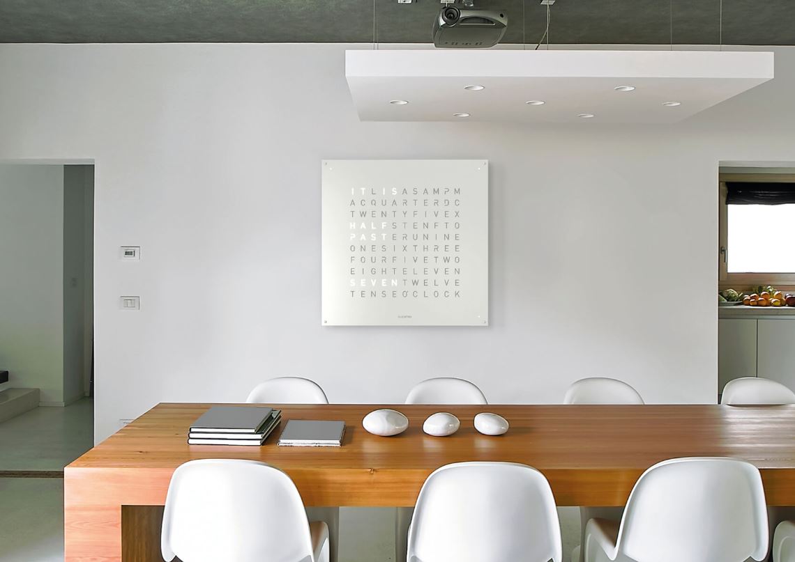 Qlocktwo large in white stainless steel matt powder coated wall clock in setting