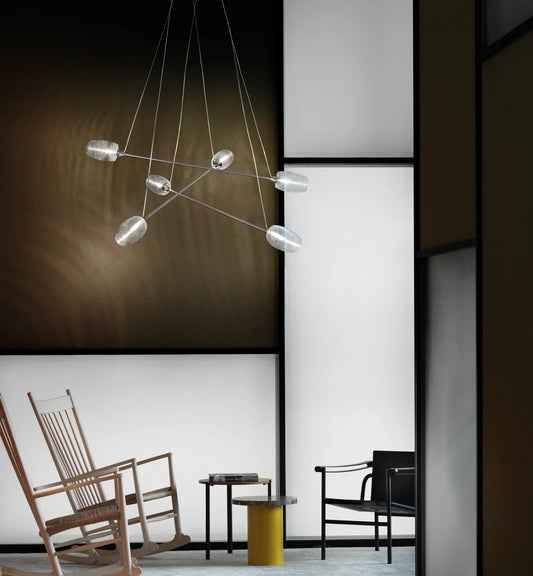 Damasco Chandelier Vistosi Pendant in handblown Murano Glass Clear Glass shown in cluster lights