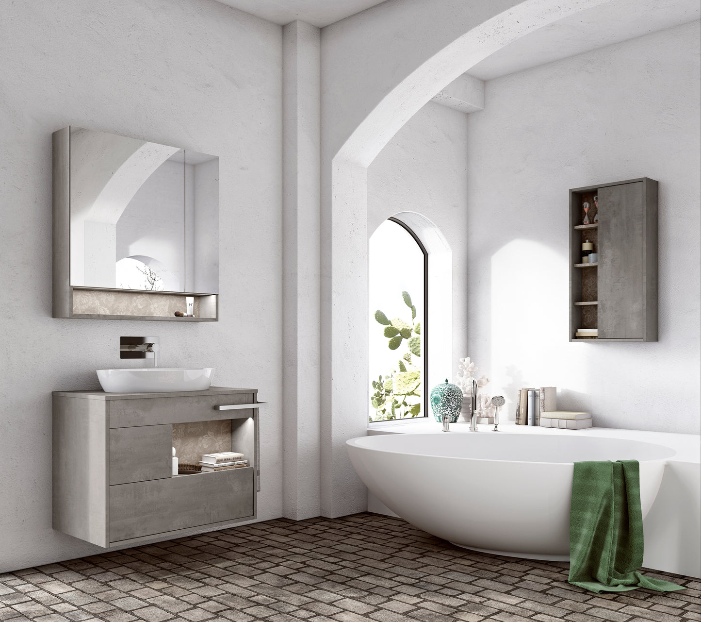 Mastella Lume Italian Bathroom Vanity with Semi-recessed sink and mirror cabinet