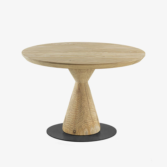 Riva 1920, Italy round solid wood dining table featuring a sculptural tapered pedestal base and a circular black metal floor plate, shown in solid cedar wood with dark grey steel base