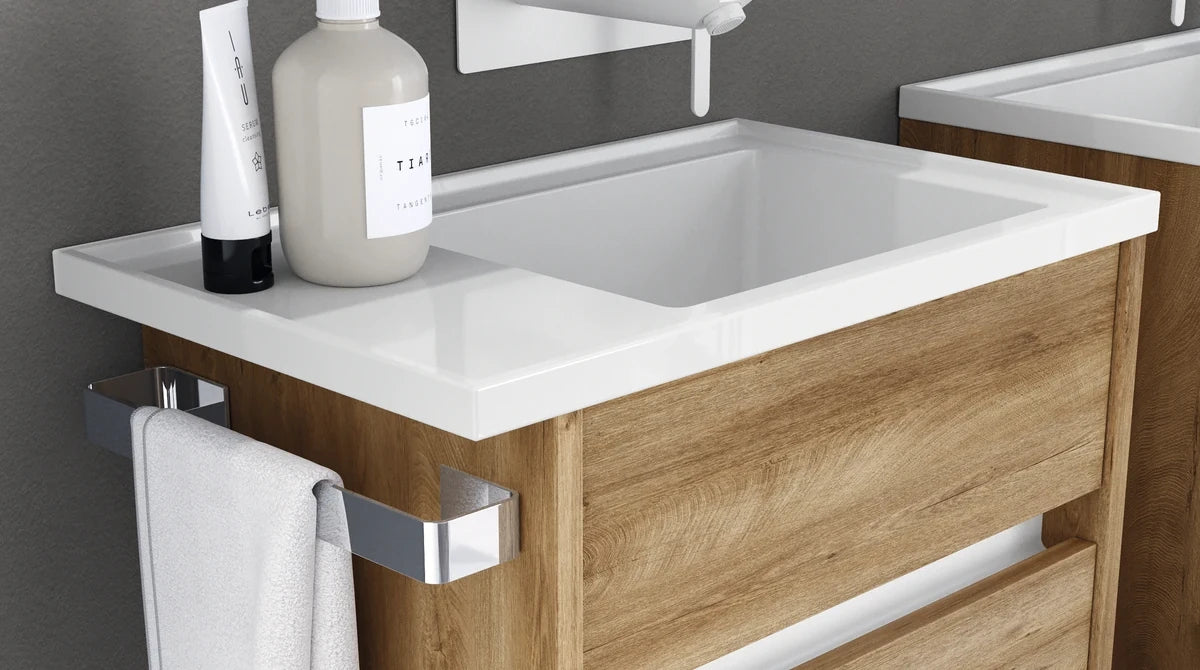 Italian Bathroom Vanity with integrated sink top n wood finish from Mastella, wall hung vanity, shown in bathroom setting