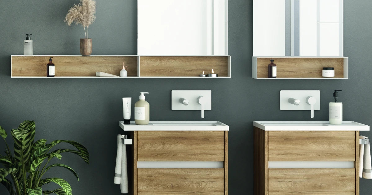 Double vanity with sink top n wood finish, wall hung vanity by Mastella Italy, shown in bathroom setting