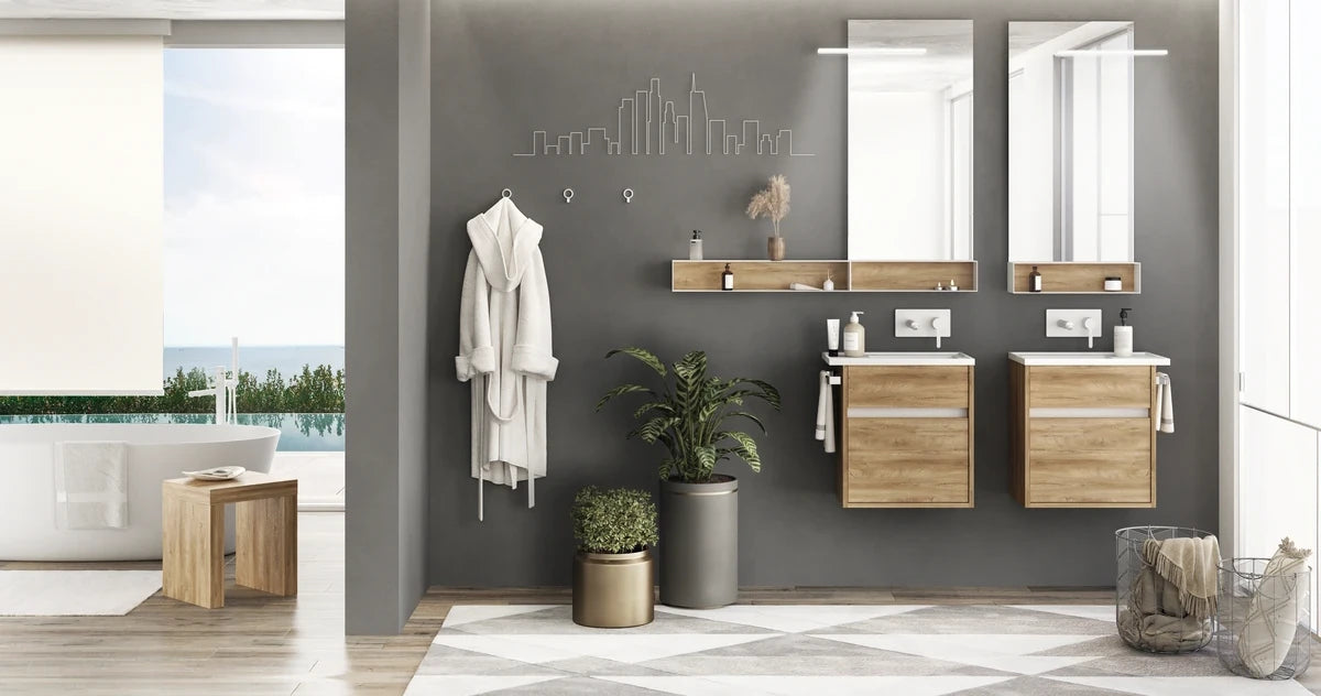 Bathroom Vanity with sink top n wood finish, wall hung vanity by Mastella Italy, shown in bathroom setting