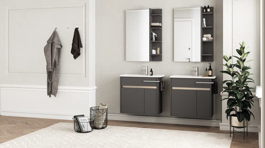Duetto Italian Bathroom wall mounted floating Vanity by Mastella with towel bar and recessed sink showing bathroom decor