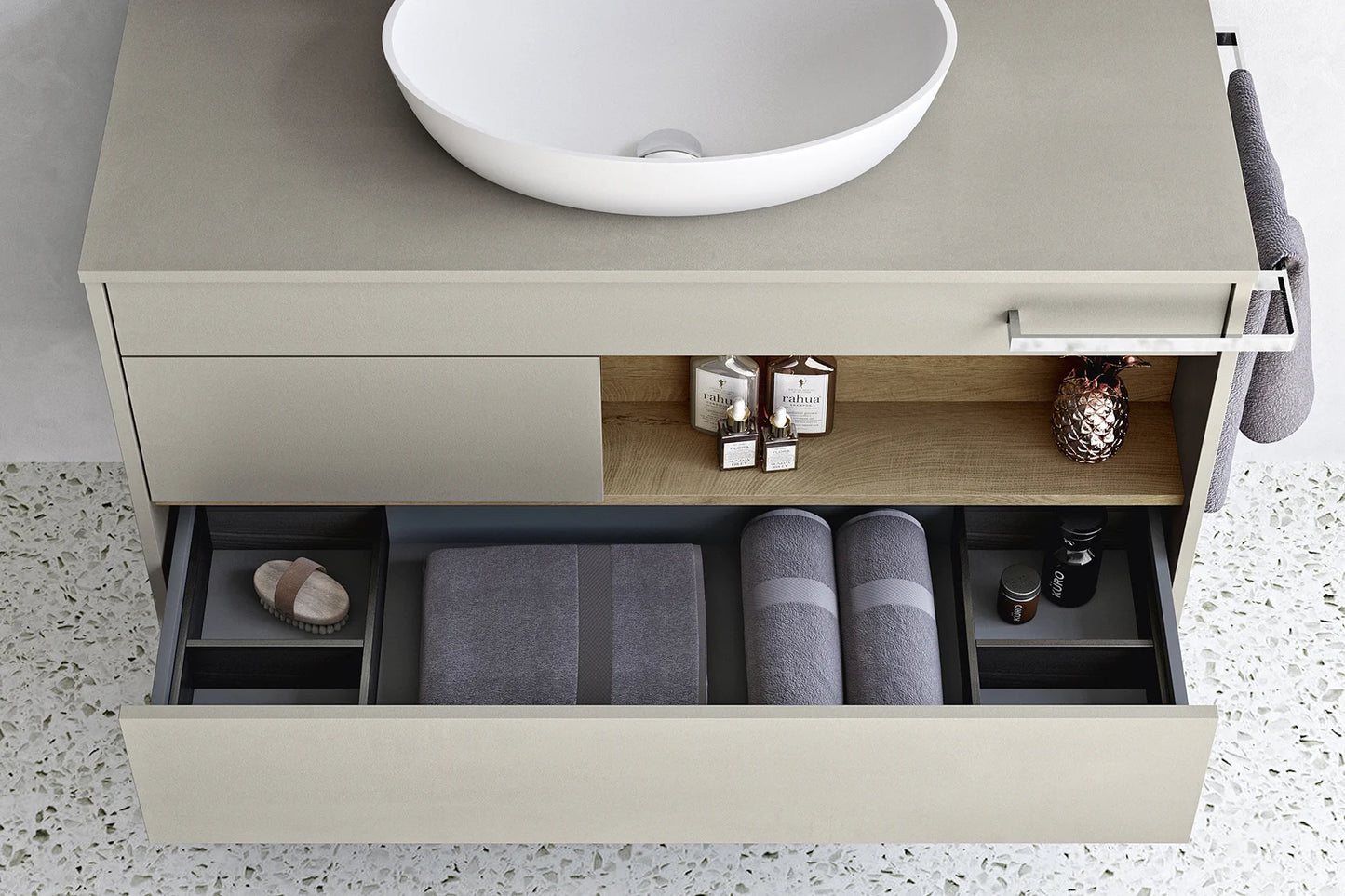 Mastella Lume Italian Bathroom Vanity with Semi-recessed sink drawer organizer