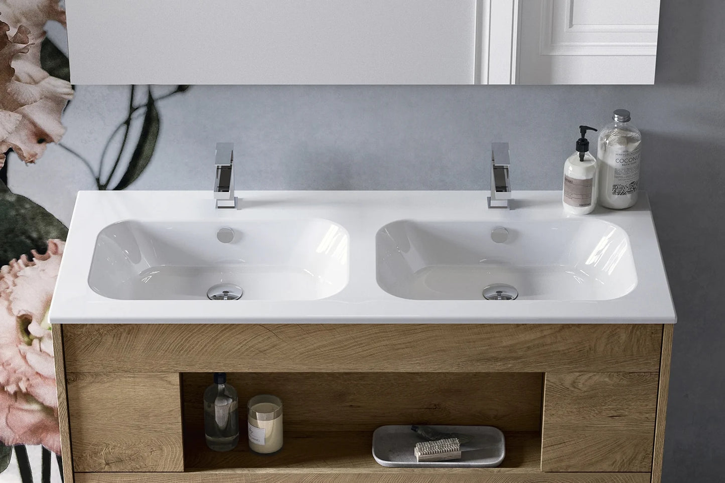 Mastella Italy Lume wall-hung Vanity in honey oak finish with double sink in white ceramic