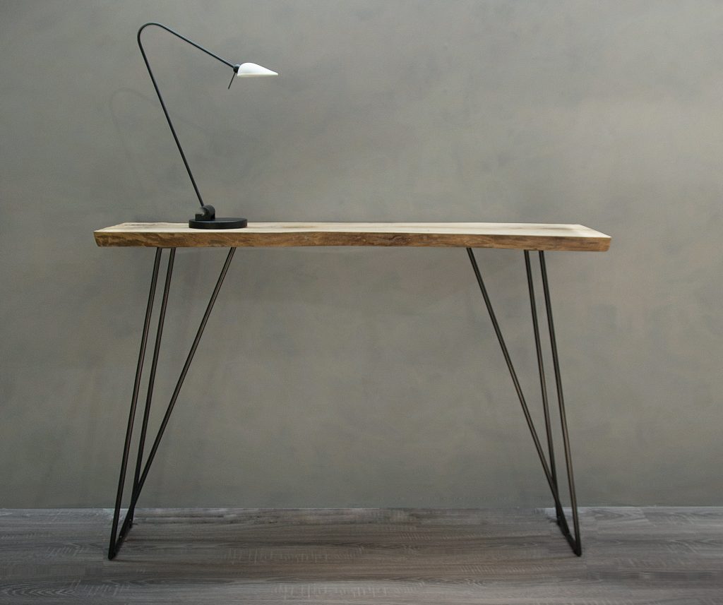 Zeus Console in solid olive tree wood top with live edge and steel