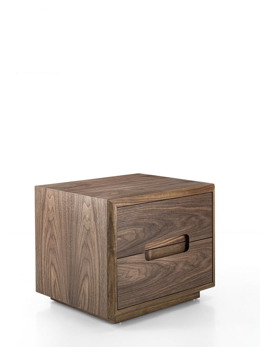 Riva 1920 Sospiro contemporary and modern wooden nightstand is solid walnut , featuring two drawers with a recessed handle, photographed on a clean white background.