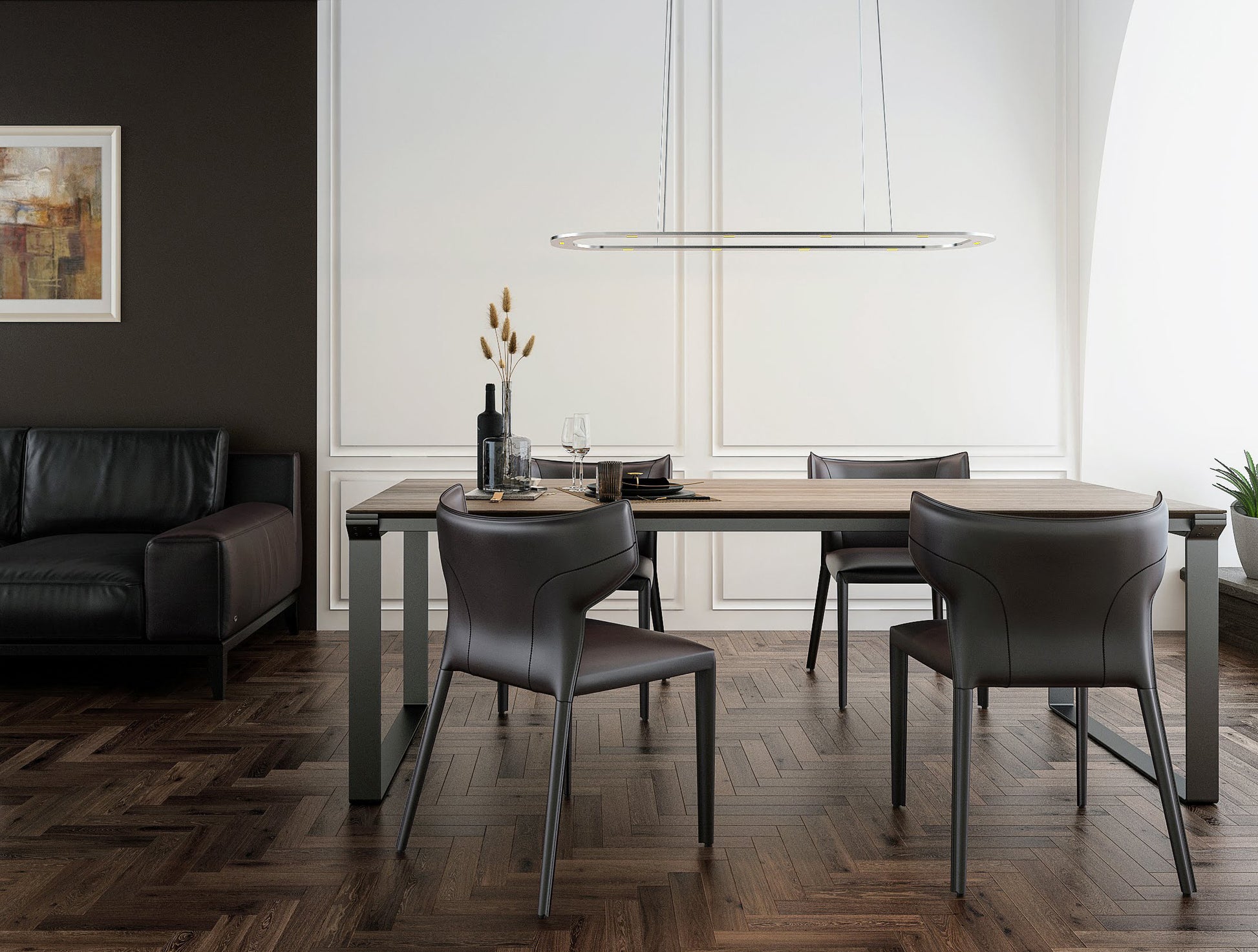 Byok Piani Lungo Pendent Lamp in high gloss polished finish over a dining table in a modern setting
