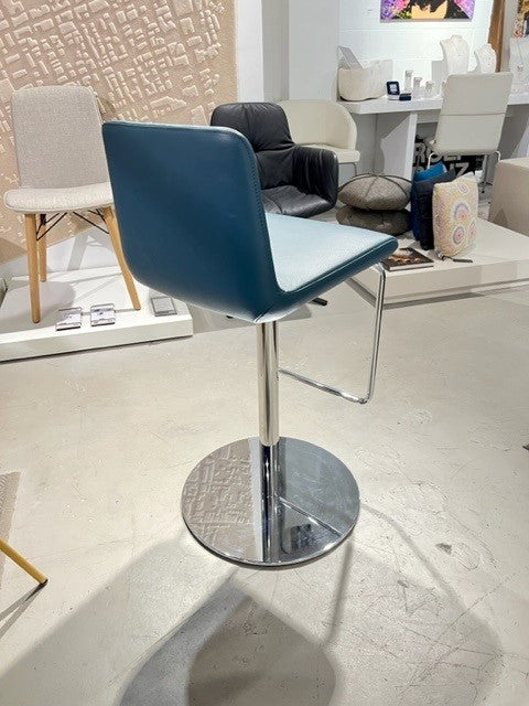 Rolf Benz Sinus barstool in blue leather and polished chrome base shown from the back