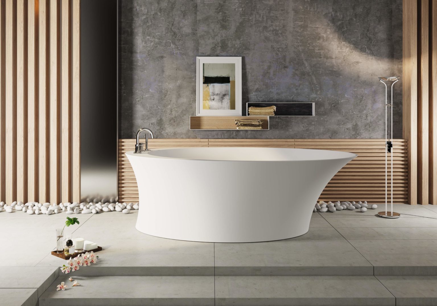 Mastella Helen Freestanding Bathtub in white deimos in a contemporary designer bathroom