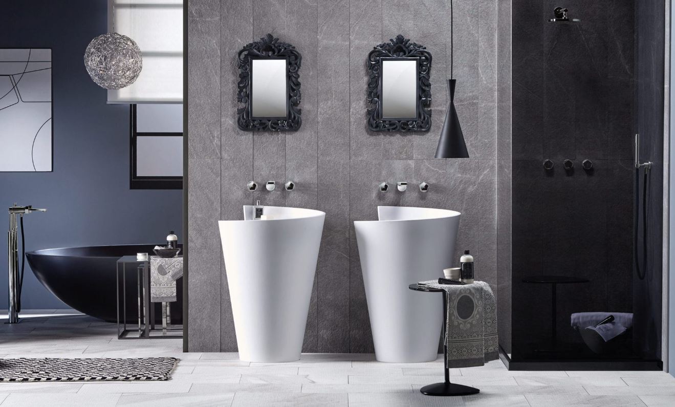 Mastella Kon Floor Standing Basin in white cristalplant in a contemporary Italian designer bathroom