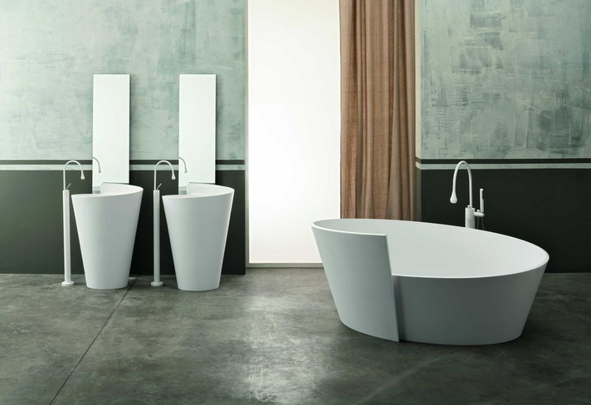 Mastella Kon Floor Standing Basin and Anahita Bathtub in white cristalplant in a contemporary Italian designer bathroom