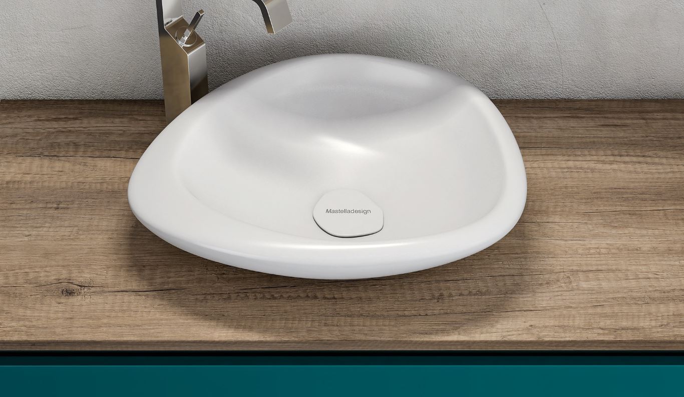 Mastella Sasso Countertop Basin in white cristalplant in a contemporary Italian designer bathroom