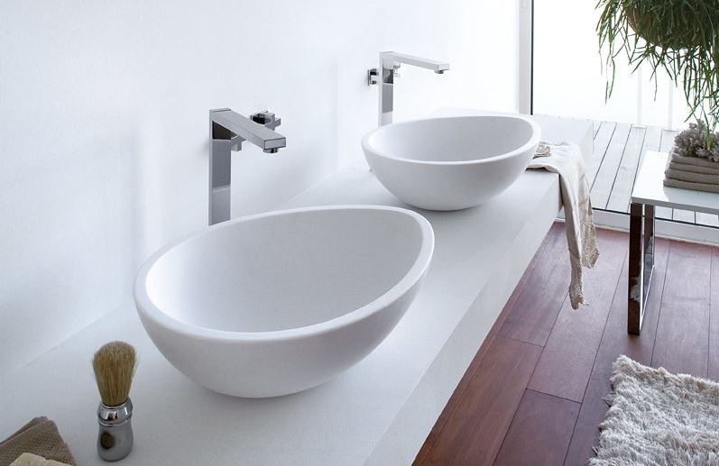 Mastella Vov Due Countertop Basin in white cristalplant in a contemporary Italian designer bathroom