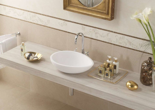 Mastella Vov Due Countertop Basin in white cristalplant in a contemporary Italian designer bathroom